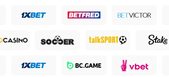 Partner casino logos including 1xBet, Betfred, BetVictor, and more